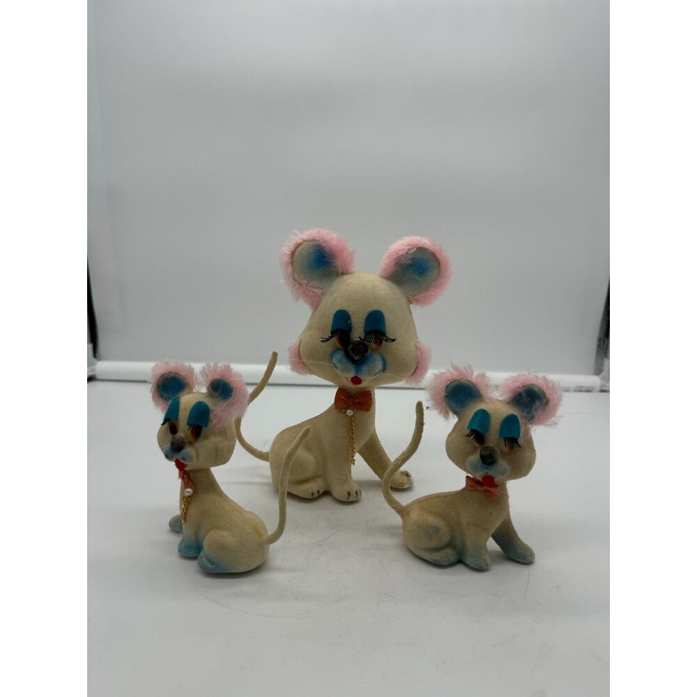 Vintage Flocked Mama Dog and Two Puppies Long Eyelashes Pink Fur Hong Kong